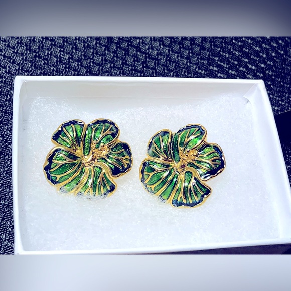 Jewelry - COPY - Pair of Green and Gold Hibiscus Earrings with Dark Blue Border